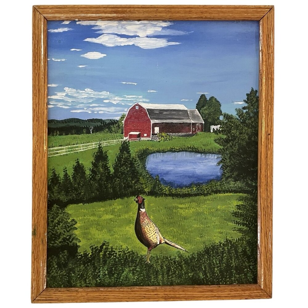 Vtg Original Painting FarmHouse Decor Barn Scene Pheasant Eclectic Gallery Wall